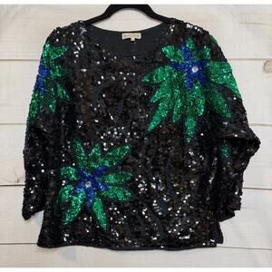 Vintage Sequin Top Sz 44 Black Green Blue Holiday Festive Party Chic